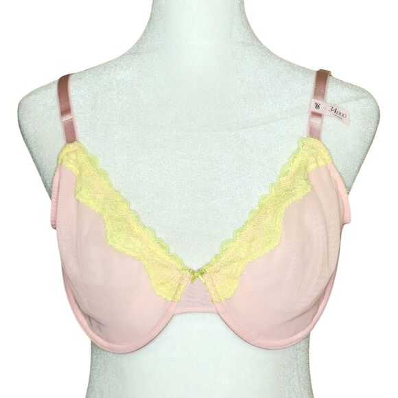 Victoria's Secret Tease Lace Trim Unlined Demi Bra Pink Yellow 34DDD/34F NWT - Picture 2 of 9